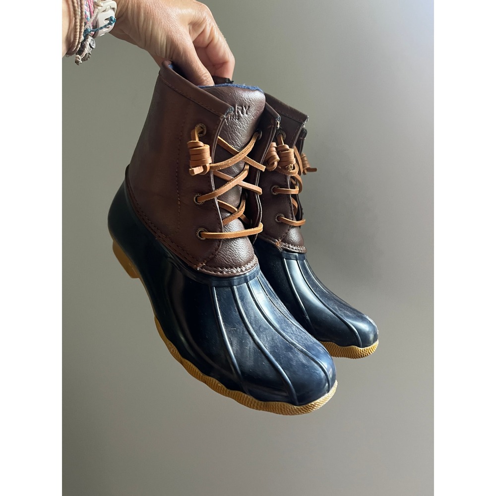 Sperry Saltwater Duck Boots Navy Brown Side Zip Womens 5 / 37 Rain Snow Gorpcore